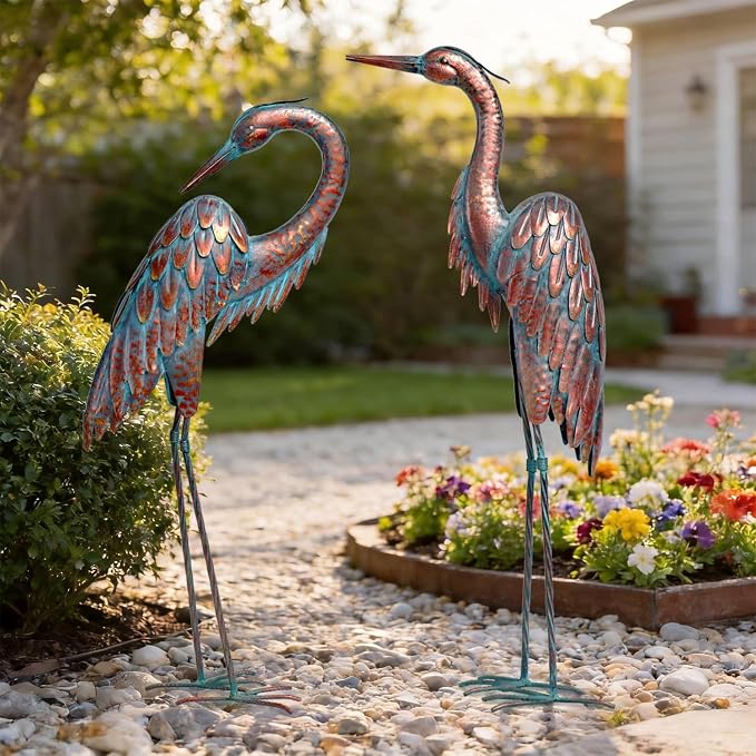 Kircust Outdoor Metal Heron Statues, Crane Sculptures for Garden Yard | Bronze 27.56" Tall, Set of 2 Heron Sculptures, Weatherproof, Patio Decor, Art
