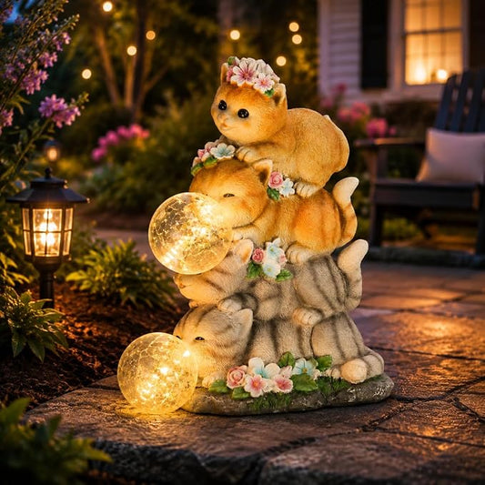 Cat Garden Statue, Orange Cats with Bubble Solar Lights, Cat Lovers Gifts | Stacked Cats Solar Lantern Lights, Lawn Ornaments for Outside Clearance, Yard, Patio, Porch Decor and Gardening Gift