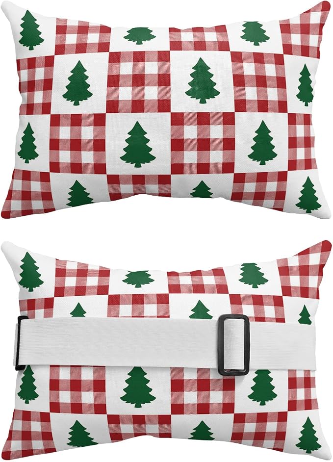 Outdoor Pillows Covers with Inserts Green Christmas Tree and Red Plaid Waterproof Recliner Pillow with Adjustable Strap Throw Pillows for Patio Furniture Pool Lounge Chair, 12x20 inch, 2PCS