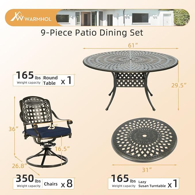 9-Piece Patio Furniture Dining Set, Cast Aluminum Outdoor Conversation Set- 61" Round Patio Dining Table with Detachable Lazy Susan & 8 Cushioned Swivel Rocker, Umbrella Hole, Navy Blue
