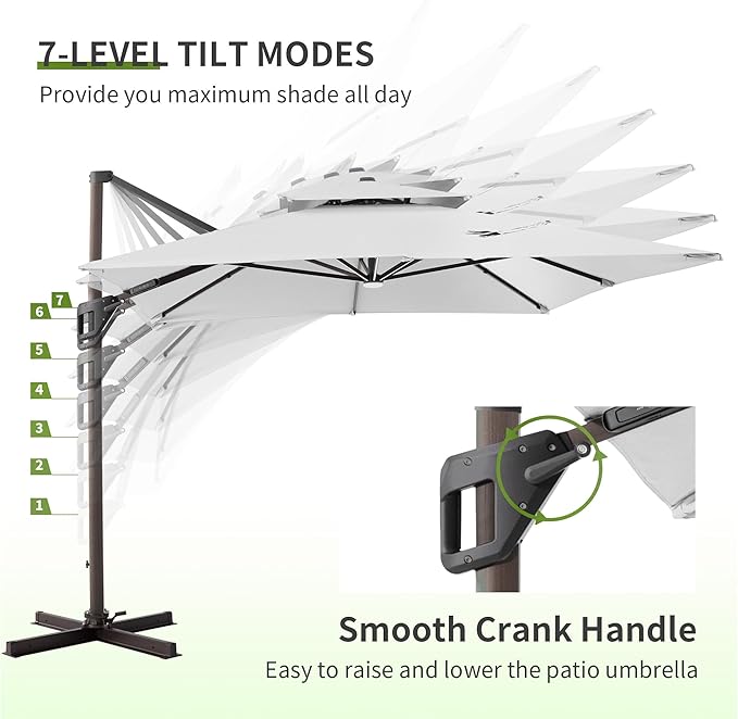 JZAC & QZYD 9x12 FT Outdoor Cantilever Patio Umbrella with LED Lights, Large Heavy Duty 2-Tier Aluminum Offset Umbrellas with 360-Degree Rotation for Pool Deck, FogGrey