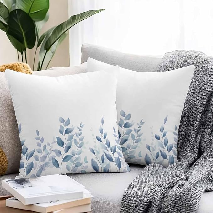 Blue Botanical Outdoor Waterproof Throw Pillow Covers 24x24 Set of 2, Pastoral Leaf Watercolor Decorative Pillowcases Cushion Pillowcase for Couch Sofa Patio Outside Pillow Protector