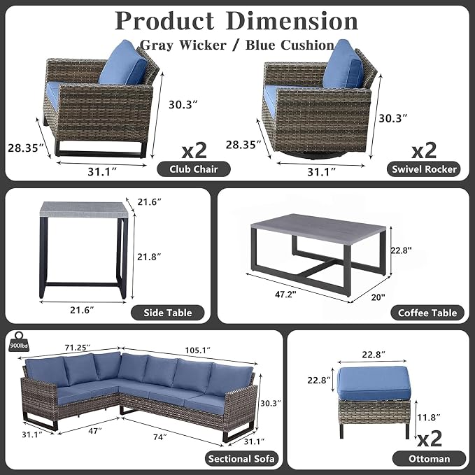 Belord Outdoor Sectional Furniture with Swivel Rocker Chair, 10 Pieces Wicker Patio Furniture Sets with Ottoman L Shaped Sofa Coffee Table Blue Cushion