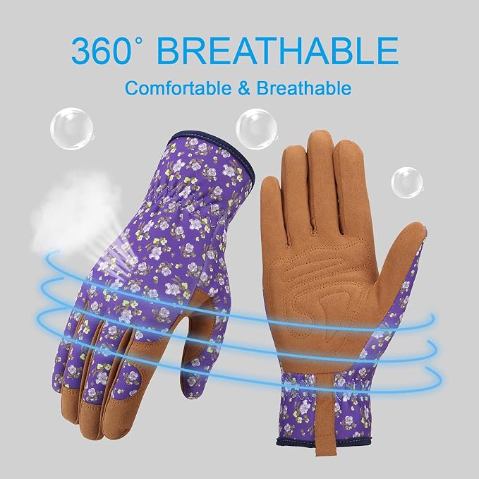 Bamllum Gardening Gloves for Women, Leather Garden Gloves | Breathable Garden Gloves with a Padded Palm, Flexible Fit and Elastic Wrist for Weeding, Digging, Planting and Pruning