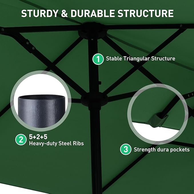 13 ft Patio Umbrella, Large Rectangle Outdoor Umbrella with Strap, Crank, Green