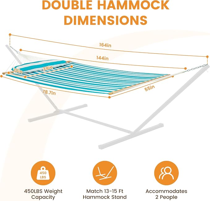 Lazy Daze Hammocks 12FT Quilted Fabric Double Hammock with Spreader Bars and Detachable Pillow, 2 Person Hammock for Outdoor Patio Backyard Poolside, 450 LBS Weight Capacity, Sailor Stripe