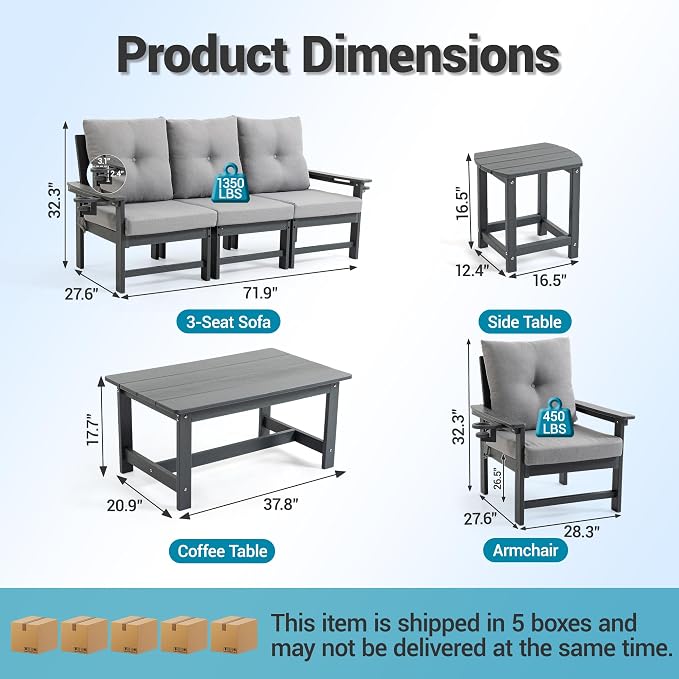 HDPE 7 Piece Patio Furniture Set, Outdoor Sectional Sofa with Coffee Table, Side Table and Seat Cusions, Patio Conversation Set for Party, Backyard, Porch, Deck, Poolside, Grey