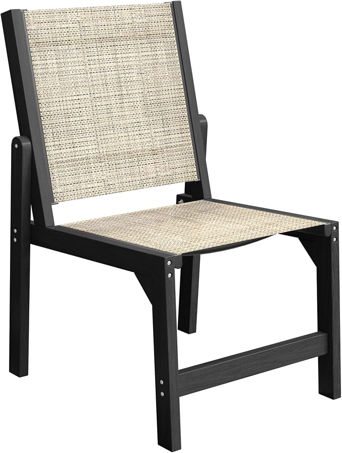 Patio Stackable Chair, HDPE Armless Outdoor Dining Chairs with Wide Seat, All-Weather Textilene Oversized Porch Chair for Garden, Poolside, Backyard, Deck | Black