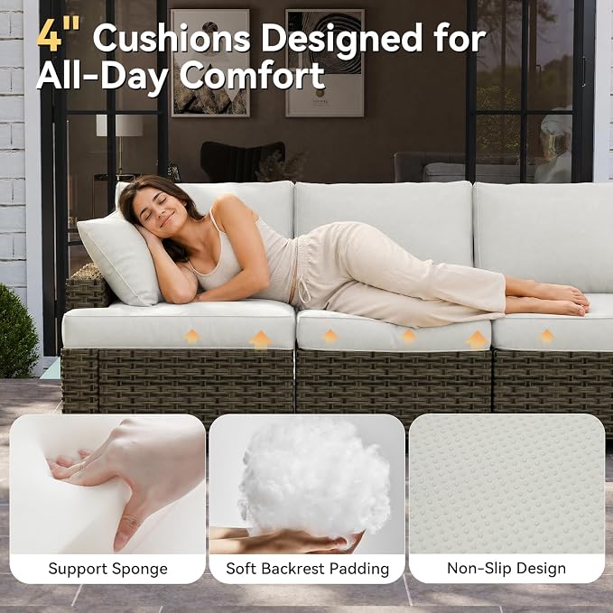 LazySunsets Luxury Patio Furniture Set with Fire Pit Table, All-Weather Patio Sectional Sofas with Thickened Cushions, 15 Piece Outdoor Furniture Set with Swivel Rocker Chairs & Ottomans, Beige