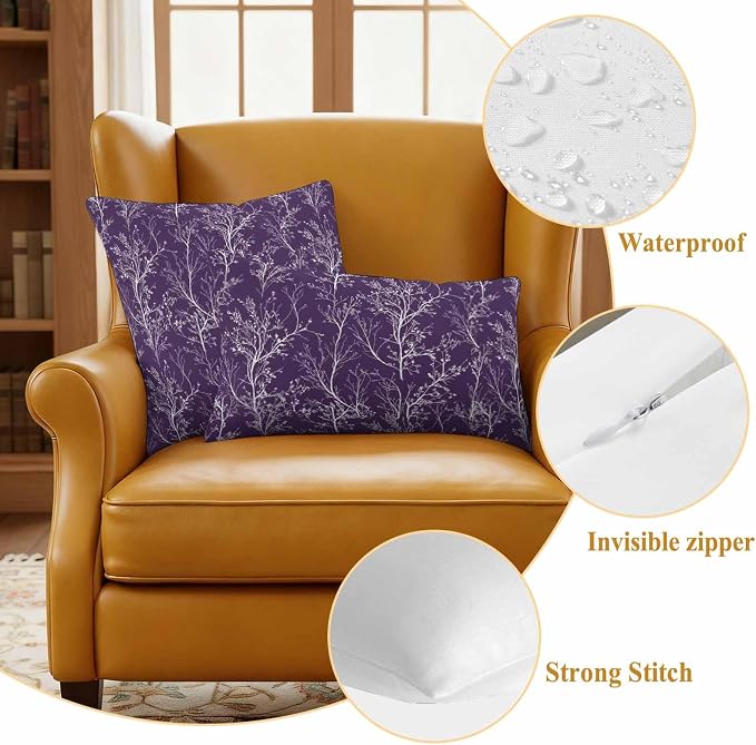 Purple Branches Waterproof Outdoor Pillow Covers Set of 2 Home Decor, Abstract Art Leaves Plant Pillowcase Patio Pillow Covers for Couch Bench Patio Furniture Garden 16x16in