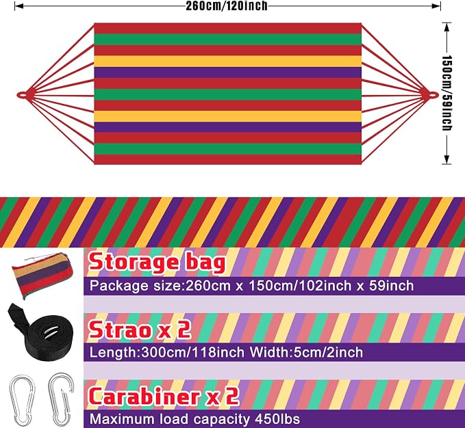 Windyun 2 Sets Cotton Canvas Hammock Large Double Hammock 400lbs Portable Camping Hammocks for Outside with Carrying Bag Sturdy Metal Knot Ropes and Tree Straps for Travel Patio Garden Backyard (Red)