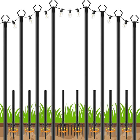 AHRLHR 8 Pack String Light Poles, Outdoor String Light Pole 10 ft Forked Metal Light Pole with Adjustable Outdoor Light Stand, Deck, Backyard, Garden, Wedding, Rustproof and Sturdy with Hooks.