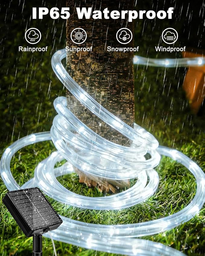 btfarm 4 Pack Solar Rope Lights, 120LED 46FT Solar String Lights Outdoor Waterproof, 8 Lighting Modes Solar Powered Strip Tube for Outside Garden Tree Christmas Yard Patio Wedding Decor, Cool White