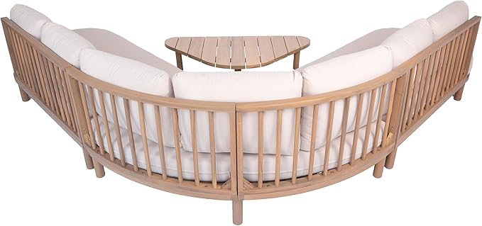 Christopher Knight Home Gemsy 118" Acacia Wood Outdoor Patio Furniture Set with Cushion, Outdoor Half Moon Curved Sectional Sofa Set with Coffee Table, Patio Sectional Sofa Set, Beige + Brown