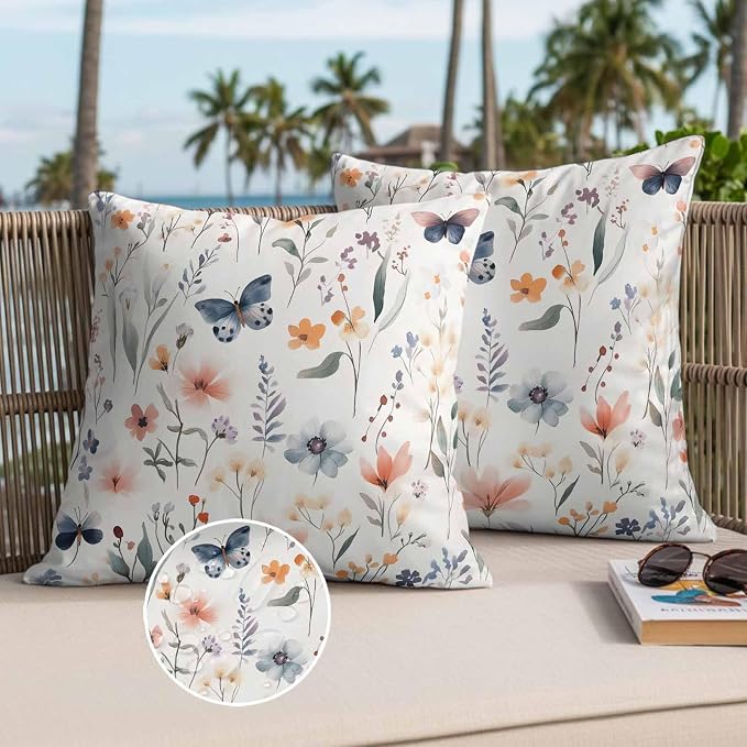 Spring Flower Butterfly Outdoor Waterproof Throw Pillow Covers Set of 2, 24"x24", Retro Watercolor Floral Leaf Decorative Pillow Covers Outside Cushion Case for Patio Porch Garden
