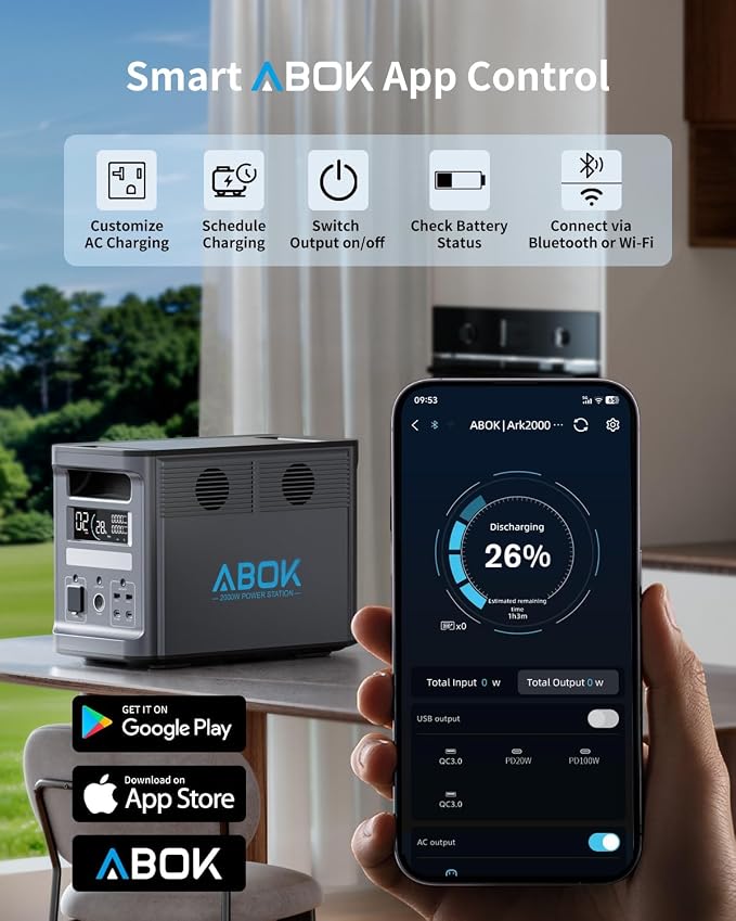 3072Wh (1536Wh x 2) ABOK Ark2000 Portable Power Station with Extra Battery LiFePO4, Expandable to 4.6kWh, 2.5 Hrs 0-100%, UPS, App, 2000W AC Solar Generator for Camping, Emergency, RV, Off-Grid Living