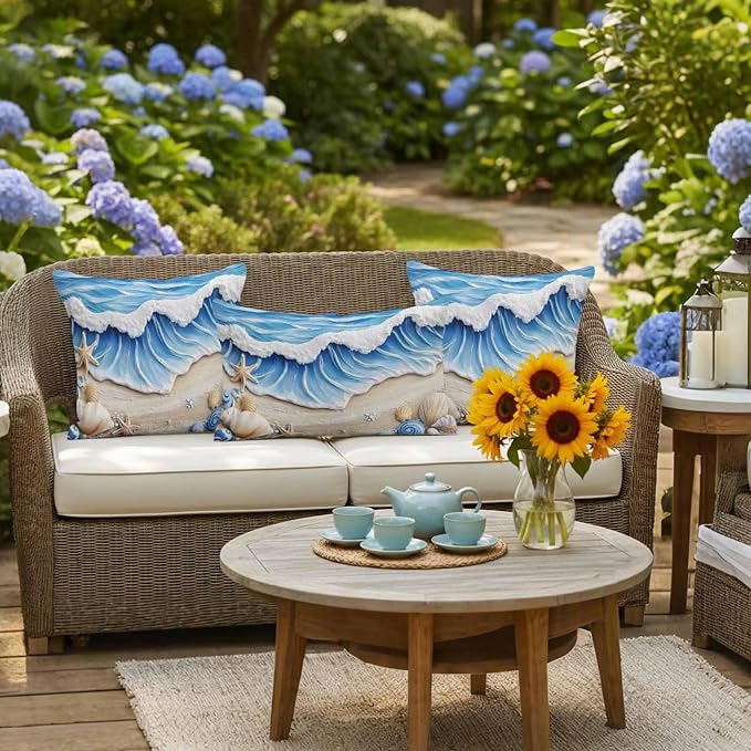 Coastal Beach Waterproof Outdoor Pillow Covers Set of 2 Home Decor, Blue Ocean Starfish Shell Seashore Sand Pillowcase Patio Pillow Covers for Couch Bench Furniture Garden 20x20in
