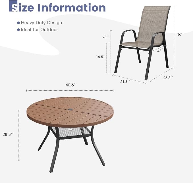 VICLLAX Round Outdoor Patio Dining Set for 4, Metal Slatted Patio Table with Umbrella Hole and 4 Stackable Patio Chairs for Deck Lawn Garden, Brown Fabric and Walnut Tabletop