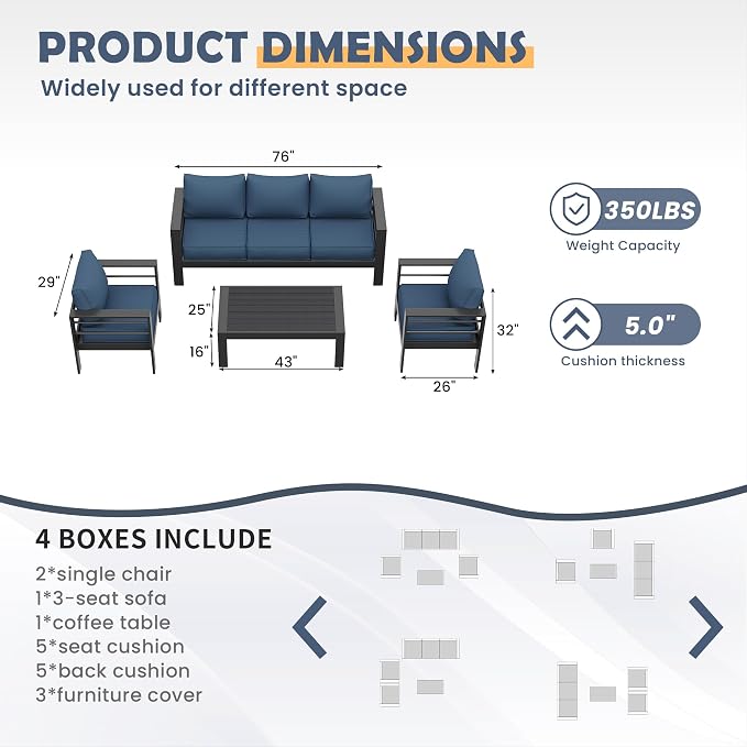 Amopatio Aluminum Patio Furniture, 6 Pieces Metal Outdoor Furniture Set, Outdoor Sectional Modern Sofa Sets with Coffee Table for Pool, Garden, Dark Grey&Blue (Included Waterproof Covers)