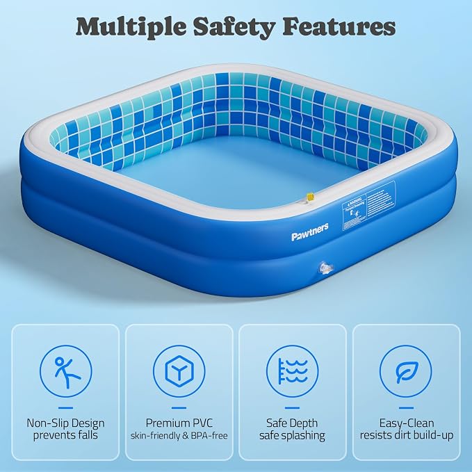 Inflatable Pool for Kids, Non-Slip Sprinkler Splash Pad for Backyard, Thickened PVC Kiddie Pool for Indoor Outdoor, Chew Proof Blow up Pond, Small Swimming Pool for Dog Bathtub (Blue 64.2x12.2in)