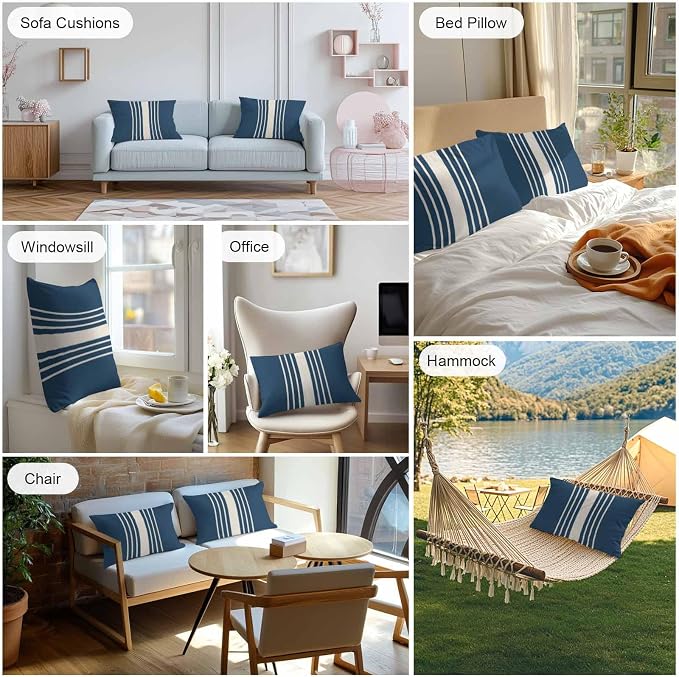 Vandarllin Outdoor Throw Pillows Covers 20x12 inch Set of 2 Waterproof Navy Blue Vertical Stripes Decorative Zippered Cushion Covers for Patio Furniture, Classic Striped Linen Lumbar Pillowcases
