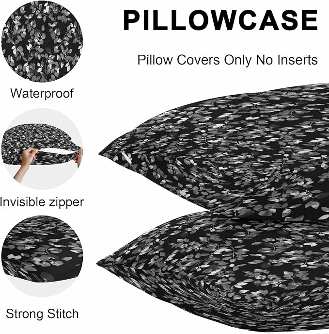 Black Botanical Outdoor Pillow Covers 20x12 Inch Lumbar Pillow Covers Set of 2 Waterproof Decorative Throw Pillow Cases Pastoral Spring Floral Classic Black Cushion Covers for Patio Furniture Garden
