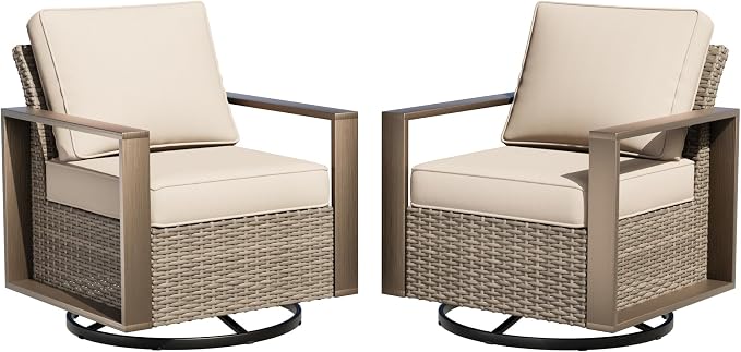 Outdoor Swivel Rocker Patio Metal Chairs Set of 2 - Porch Furniture 2 Pieces 360 Degree Glider Rockers Rattan Chairs with Washable Cushion & Metal Steel Rectangular Framed Armrest, Beige