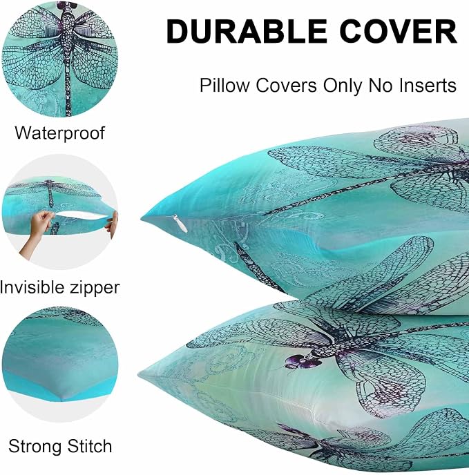 Vandarllin Outdoor Throw Pillows Covers 20x12 inch Set of 2 Waterproof Watercolors Dragonfly Decorative Zippered Cushion Covers for Patio Furniture, Teal Painting Lumbar Pillowcases
