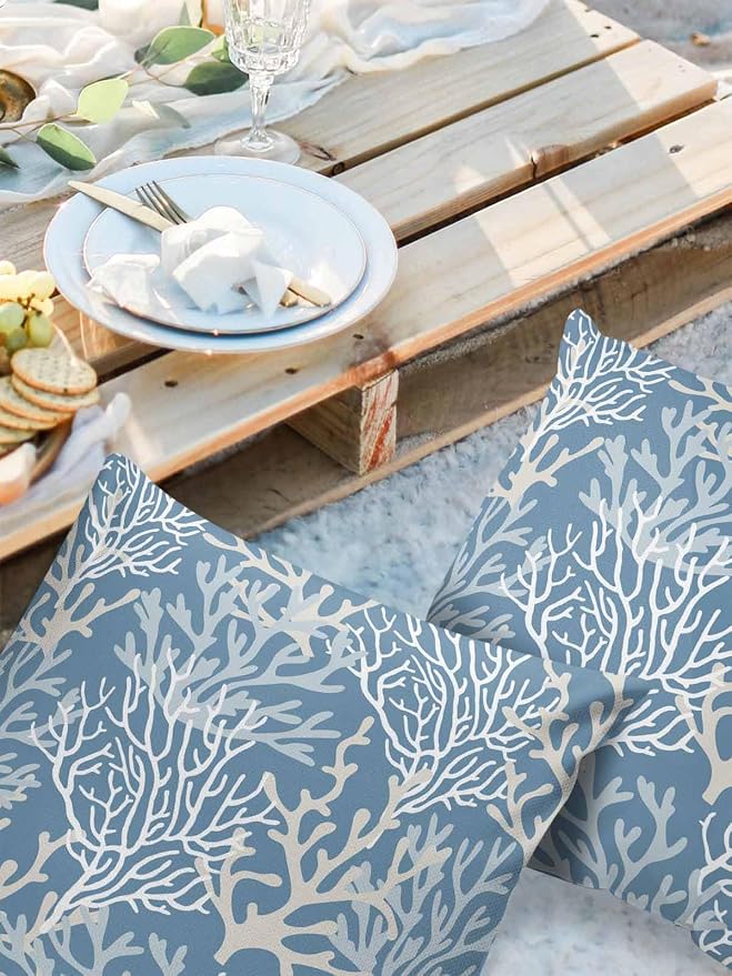 Outdoor Waterproof Throw Pillow Covers Set of 2 Teal Blue Coral Pillowcases 18x18 Inches Nautical Coastal Marine Life Patio Decorative Pillows Cushion Case Patio Pillows for Couch Bed Chair Garden