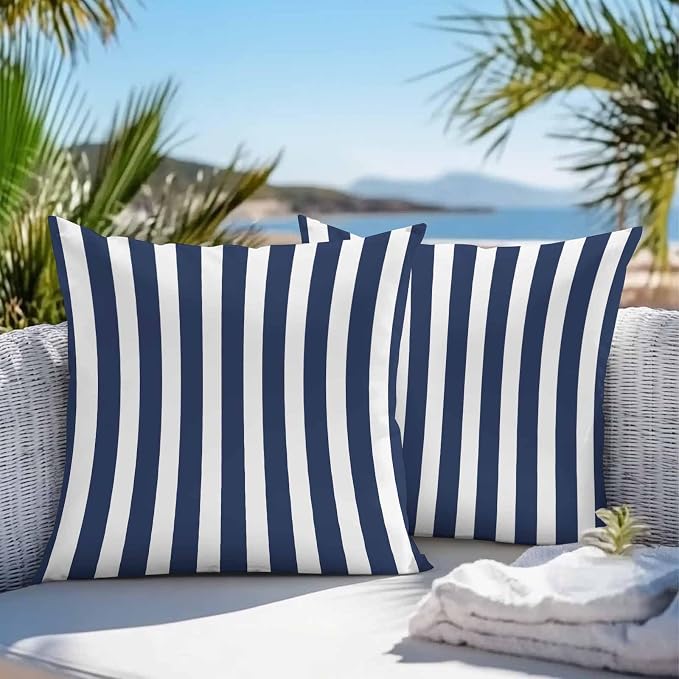 Navy Blue Striped Outdoor Waterproof Throw Pillow Covers 20x20 Set of 2, Modern Farmhouse Blue White Stripes Decorative Pillowcases Cushion Pillowcase for Couch Sofa Patio Outside Pillow Protector