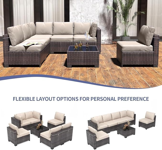 7 Piece Patio Furniture Set, Outdoor Modular Wicker Sectional Couch with Tempered Glass Coffee Table, All-Weather Rattan Conversation Set with Washable Cushions for Backyard, Garden, Deck