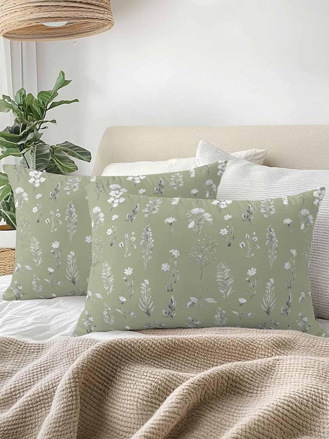 Outdoor Pillows with Inserts Set of 2 12x20, Sage Green Wildflowers Waterproof Outdoor/Indoor Throw Pillows, Farmhouse Botanical Garden Floral Decorative Pillow for Bed Couch Sofa Patio Furniture