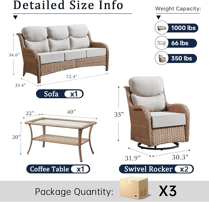 Luxury High Back Outdoor Furniture with 6-Inch Thick Cushions, Patio Furniture Set with Swivel Chairs, 4 PCS Wicker Conversation Set for Porch, Balcony, Deck and Yard