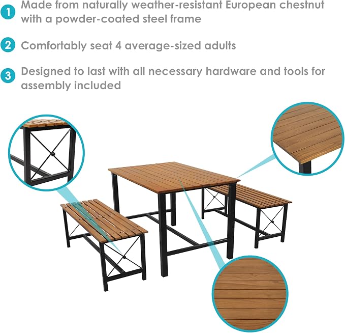 Sunnydaze Indoor or Outdoor 3-Piece Dining Table Set - European Chestnut Patio Dining Table with Benches - 47.25-Inch x 15.25-Inch