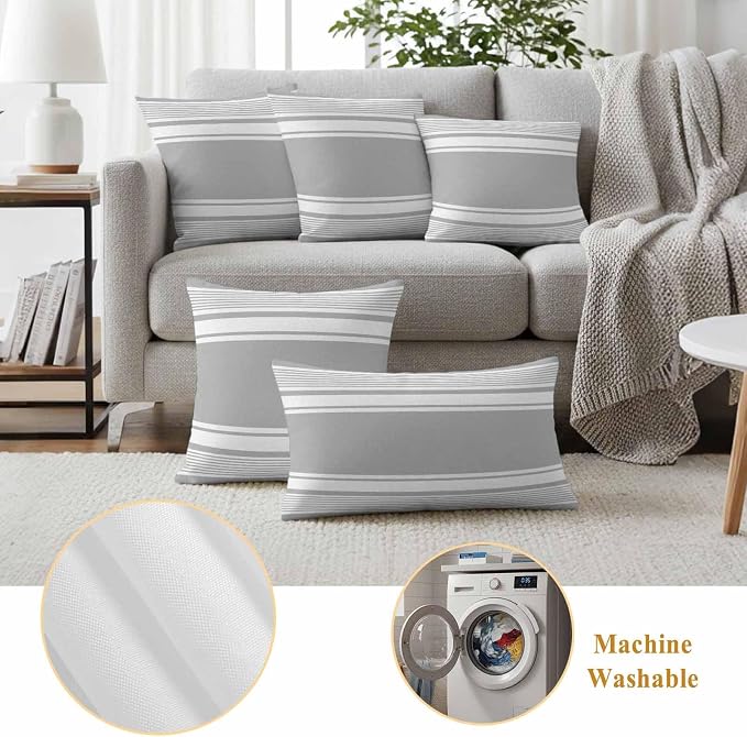 Vandarllin Outdoor Throw Pillows Covers 18x18 inch Set of 2 Waterproof Grey Stripes Decorative Zippered Cushion Covers for Patio Furniture, Striped Lines Lumbar Pillowcases