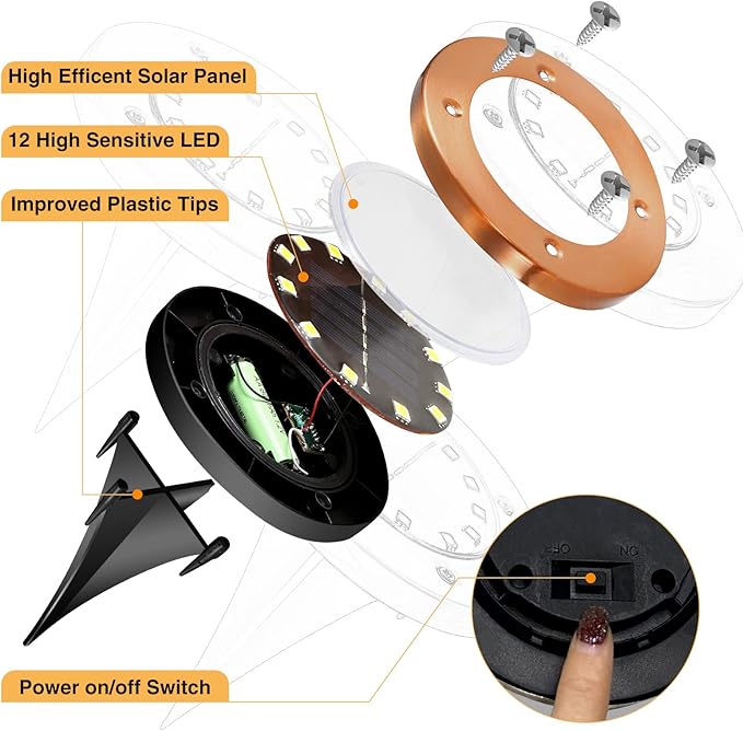 HOFLYW Outdoor In-Ground Lights Solar Disc Lights Outdoor Solar Garden Lights In Ground Solar Landscape Light 8 Pack 12 led for Pathway Yard Patio Walkway(Bronze, 8 Pack)