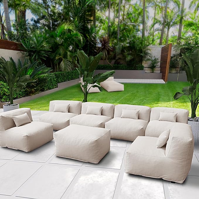 ANNYH CALALUNA 7Pc Patio Garden Furniture Sectional Conversation Set.Combines 6 Middle Chairs 1 Ottoman/Coffee Table Outdoor Exp Foam Filled Chairs A Unique Modular Contemporary Sofa (Light Beige)