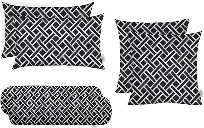 RSH DECOR 6-Pack Pillow Set | All-Weather Spun Fabric | Water & Fade-Resistant | Outdoor Throw Pillows | 20" x 12" Lumbar, 17" Square, & 20" x 6" Neck Roll | Made in USA (Matte Black Geometric)