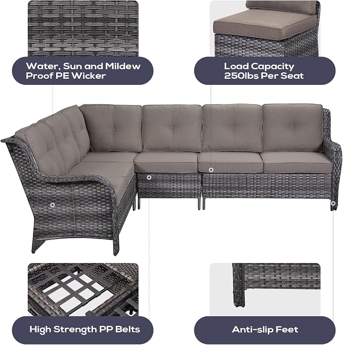 Belord Patio Furniture Set 6 Seats, Outdoor Swivel Rocker Patio Chairs, Oversized Outdoor Sectional Couch, Two 3-Seater Sofas with Coffee Table, Ideal for Porch, Deck, Gray Wicker/Gray