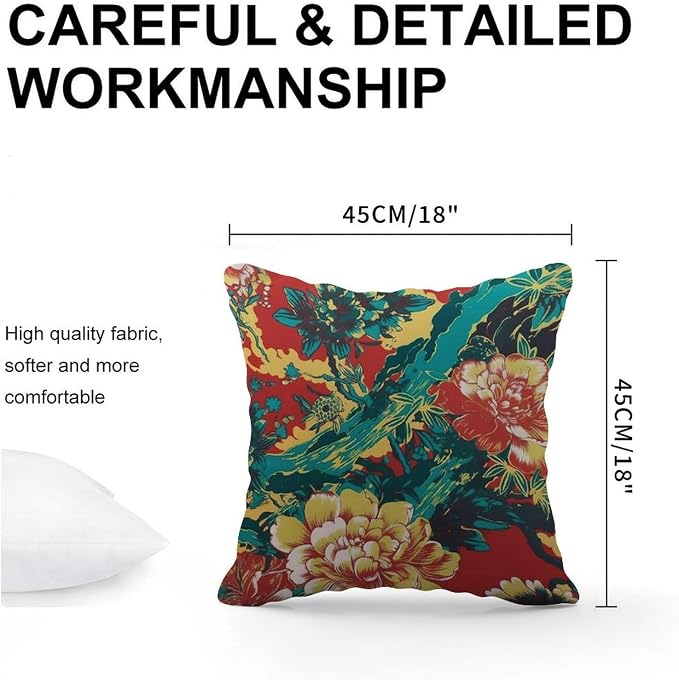 Cushion Cases Animal Tiger Stripe Colorful Chinoiserie Pillows Abstract Peony Flower Asian Pillow Cover Accent Outdoor Garden Decoration for Patio Garden Sofa Chairs 18x18 in