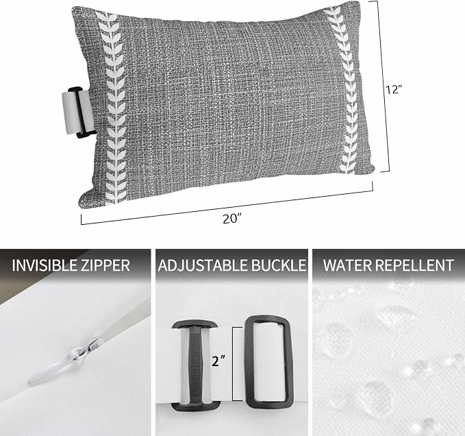 Vertical Stripes Outdoor Lumbar Pillows 12x20 Set of 2, Modern Rustic Simple Lines Art Black Gray Waterproof Throw Pillow Covers with Insert, Decorative Support Pillows for Lounge, Chaise