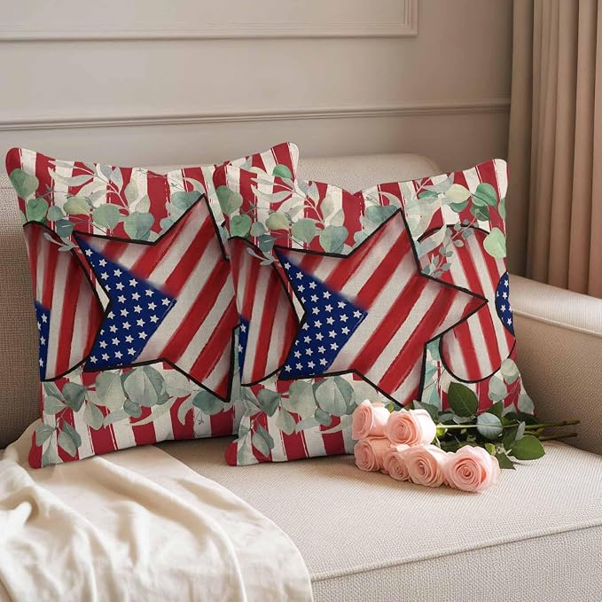Stars Stripes Flag Waterproof Outdoor Pillow Covers Set of 2 Home Decor, Independence Day Eucalyptus Leaf Pillowcase Patio Pillow Covers for Couch Bench Furniture Garden 26x26in