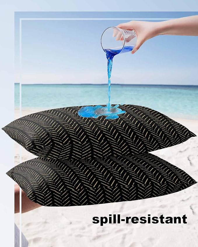 Black Gold Striped Outdoor Pillow Covers Waterproof,All Weather Cushion Case Set of 2 Lumbar Pillowcase for Sofa Couch Bed Decor Patio Furniture 20"x12" Boho Minimalist Geometric Bohemia