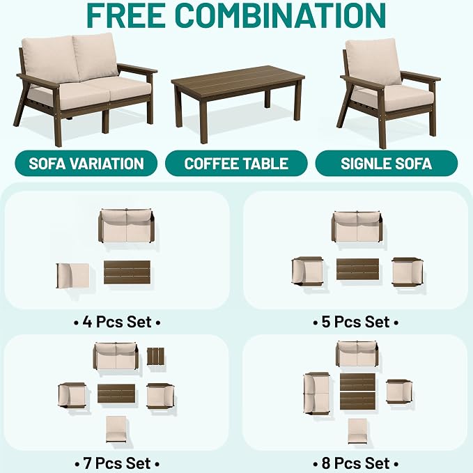 PLUUV 4-Piece HDPE Patio Sofa Set, All-Weather Outdoor Sectional Furniture with Thick Cushions, Modular Couch Set for Deck, Lawn, Brown Frame with Khaki Cushion