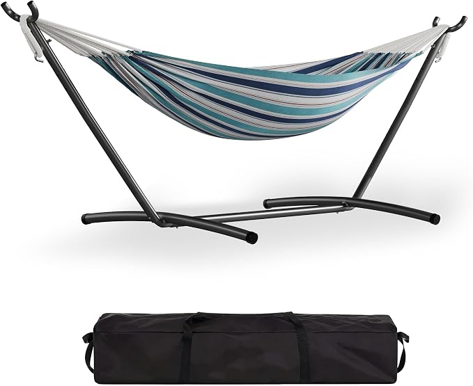 Heavy Duty Double Hammock with Steel Stand – 2 Person Cotton Hammock, 450lbs Capacity, Portable for Indoor & Outdoor, Garden, Patio, Camping, with Carry Bag, Ocean Color