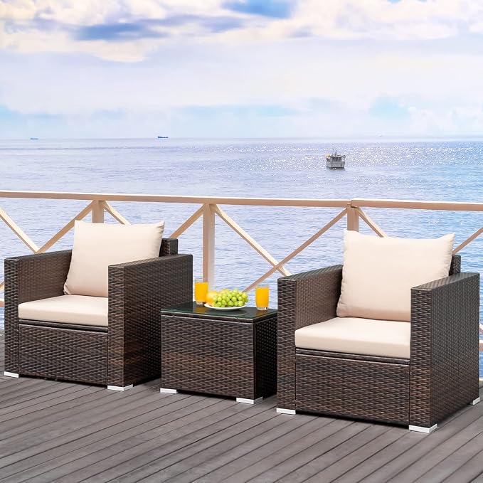 RELAX4LIFE 3-Piece Wicker Bistro Set - Outdoor Patio Rattan Sofa Set w/Washable Cushions & Tempered Glass Coffee Table, Conversation Furniture Set for Backyard, Porch, Garden & Poolside (Brown)