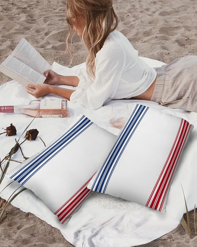 Prime Leader Outdoor Waterproof Pillow Covers Set of 2, Independence Day Flag Day Blue Red Stripe Patio Throw Pillow Covers, Decorative Cushion Case for Couch Sofa Furniture Garden, 20x12 Inch