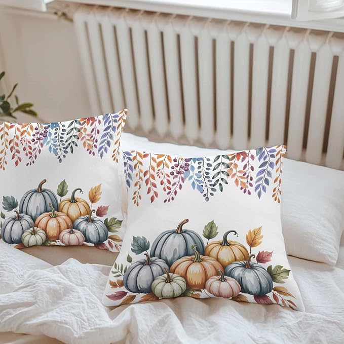 Orange Fall Pumpkins Outdoor Waterproof Pillow Covers, Eucalyptus Leaves Country Farmhouse Decorative Square Throw Pillowcase Sofa Cushion Sham for Patio/Couch/Chair, 26"x26" 2 Pack