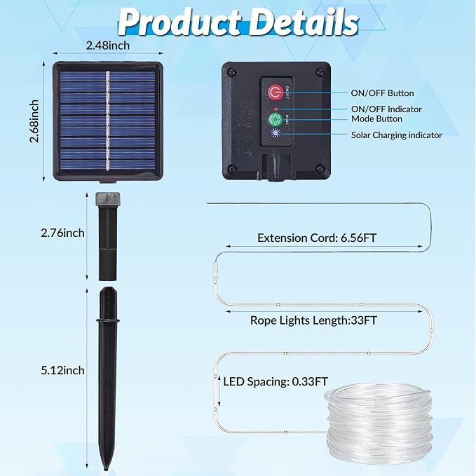 Solar Rope Lights, 33FT 100 LED Solar Fairy Lights with 8 Lighting Modes, IP65 Waterproof Strip Light Outdoor for Garden Yard Patio Deck Fence Tree Party Holiday Decoration, Cold White