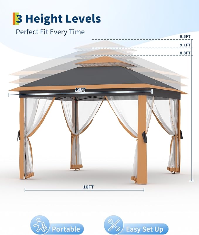 Garvee 11x11FT Pop Up Gazebo with Mosquito Netting, Outdoor Canopy Tent Easy Setup for Backyard Patio Garden Deck, Khaki